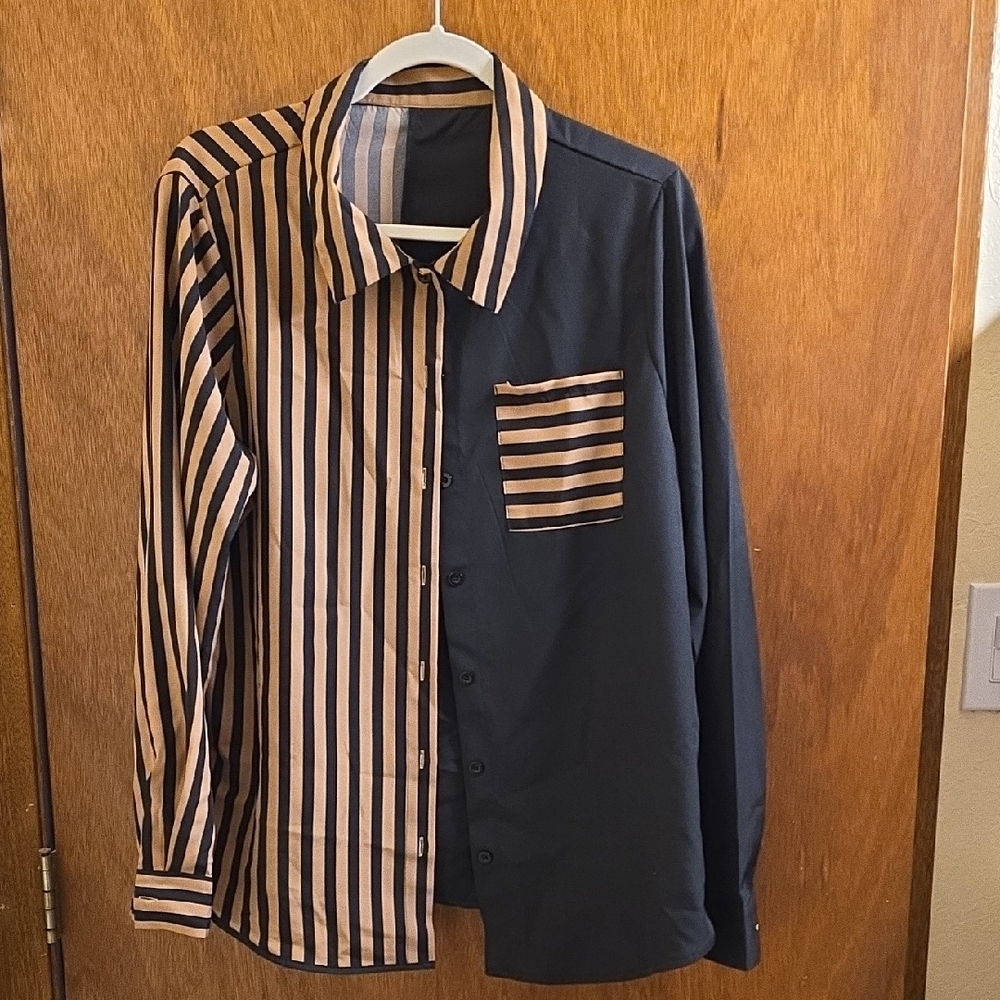 SHEIN Black and Tan Asymmetrical Blouse